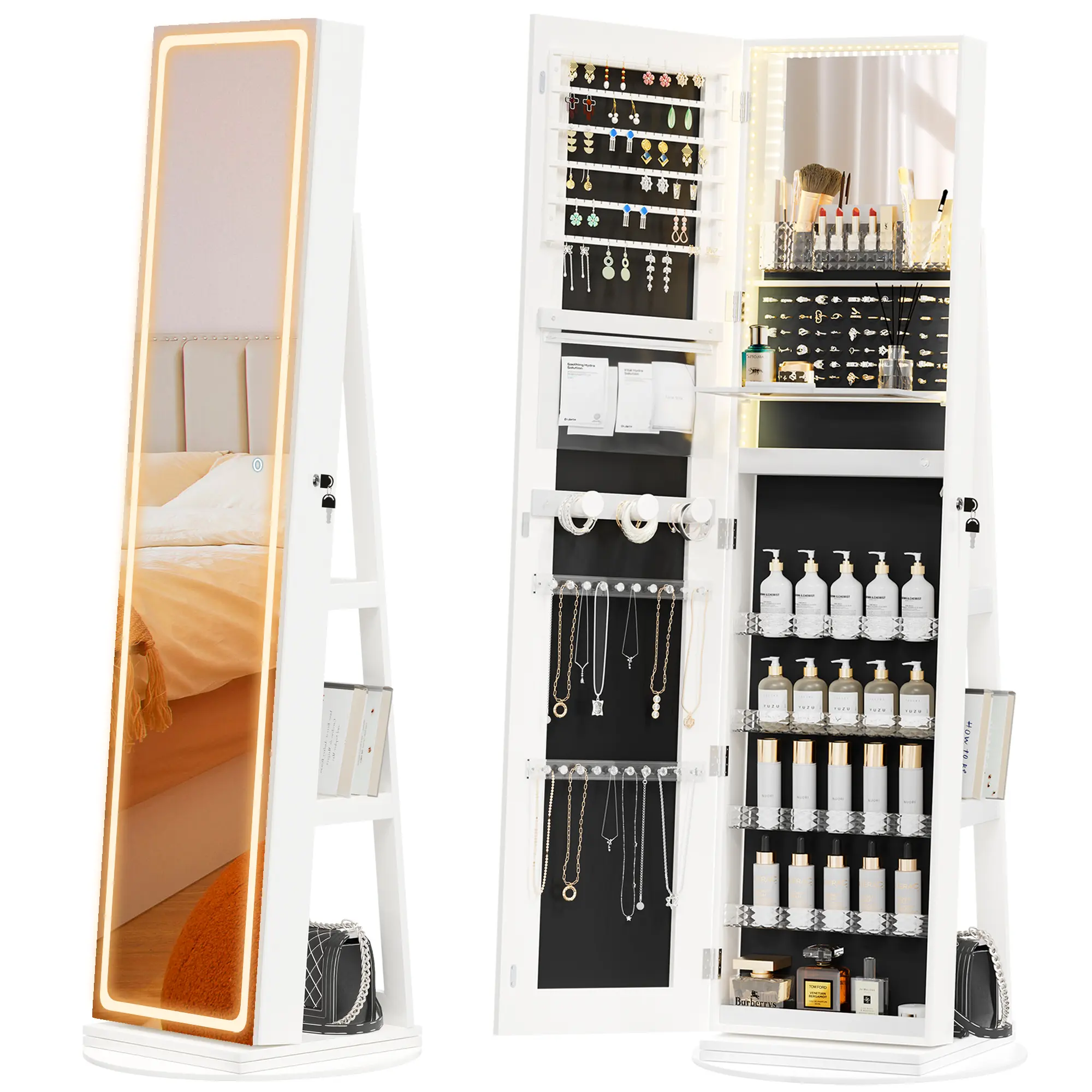 Rotating Base Full-Length Jewelry Mirror Cabinet,adjustable lighting full-length lighting mirror&make up mirror, armoire, space-saving, large storage space, perfect gift idea