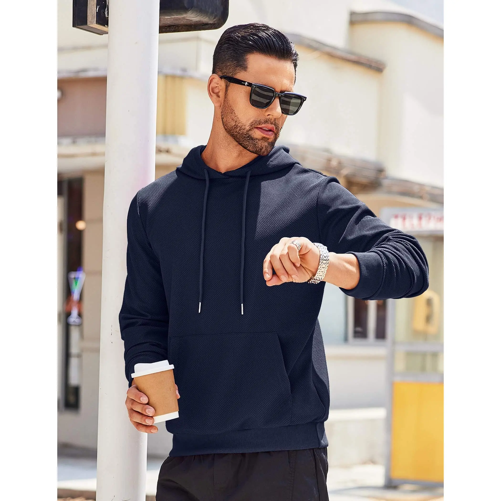 COOFANDY Men's Long-Sleeve Hooded Waffle Knit Pullover Hoodie, Breathable Ribbed Fabric Top with Kangaroo Pocket, Stylish Menswear, Husband, Poly Spandex, Sporty Chic, Everyday Wear, Drawstring, Adjustable Hood, Multi-Size, Refer To Size Chart