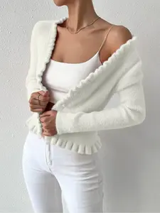 Women's Plain Frill Trim Knitting Fitted Sweater Cardigan, Elegant Long Sleeve Open Front Knitwear for Fall & Winter, Fashion Women's Knit Clothing for Daily Wear, Tops, Womenswear
