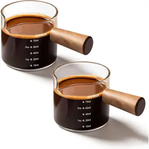 Clear Glass Espresso Machine Accessories,  2.5 oz/75ML Espresso Shots Cup with Wood Handle (2 Pack),Espresso Measuring Cup with Dual Scale, Espresso Shot Glass with Single Spout
