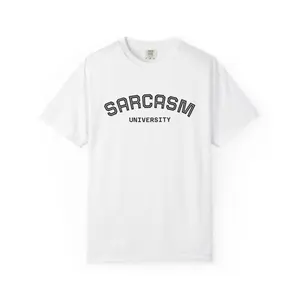 Sarcasm University tee | T-Shirt, collegiate text design, white cotton