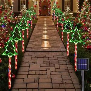 solar-powered green Christmas tree lights, 1 pack of 5/1 pack of 10, garden path lights - waterproof LED Christmas decorations, suitable for outdoor lawns, courtyards, and holiday party landscape lighting, automatic on/off, plastic material