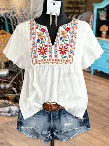 Plus Size Women's V-Neck Lace Trim Embroidered Top, Vintage Soft Style Versatile Short Sleeve Blouse Shirt, Comfortable Loose Fit Clothing, Bohemian, Boho