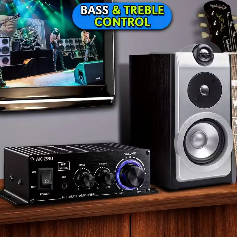AK280 Mini 2.0-Channel Analog Mixing Built-In Multi-Channel Mini System Amplifier with Bass & Treble Controls, Compact Car Audio Accessory for Cars & Homes, Analog Mixing Amplifiers, 2.0-Channel Receiver