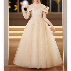 Elegant Light Pink Princess Dress for Girls - Sleeveless with Ruffle Detail, Gown with Fluffy Tulle Skirt, Perfect for Pageants, Weddings & Performances, Polyester/Viscose Blend