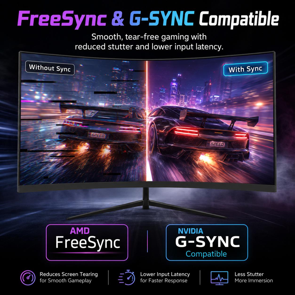 Rehisk 24" Curved Gaming Monitor – 180Hz, 1ms, FHD, FreeSync, Ultra-Slim, HDMI/DP, VESA Ready