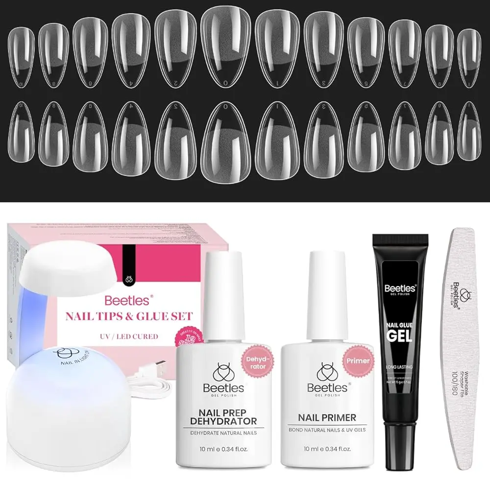 Beetle Thin Extension Nail Tips Kit with Nail Prep Dehydrator and Primer Almond/Coffin/Square Half Matte Acrylic Nail False Nail press ons Nail  DIY Nails Art Gift for woman gel x nails salon nails at home Mother's Day gift Spring Nail Taste of Spring