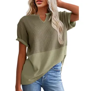 Chouyatou Women's Waffle Knit V-Neck Short-Sleeve Casual Color-Blocked Loose T-Shirt
