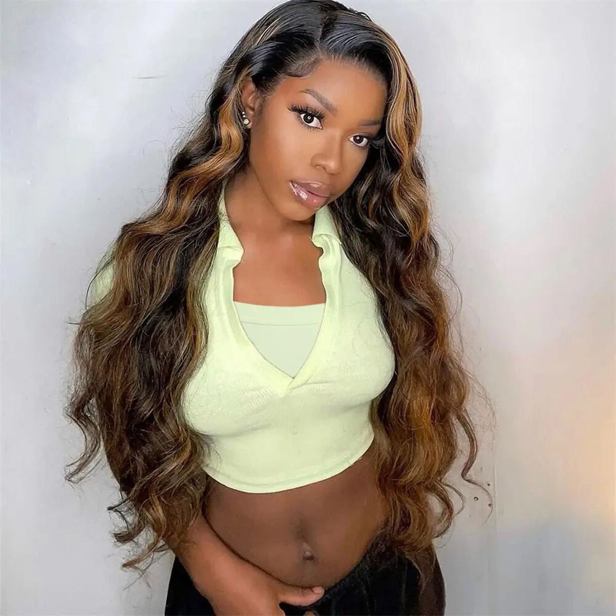 Hana Hair 1B/30 Highlight Brown Colored Body Wave Lace Frontal Wigs 13x4 HD Transparent Lace Frontal Wigs For Women Stripe Brown Hairstyle Brazilian Human Hair Wigs Bleached Knots Pre-Plucked With Baby Hair 200% Density, Glueless Frontal Wig