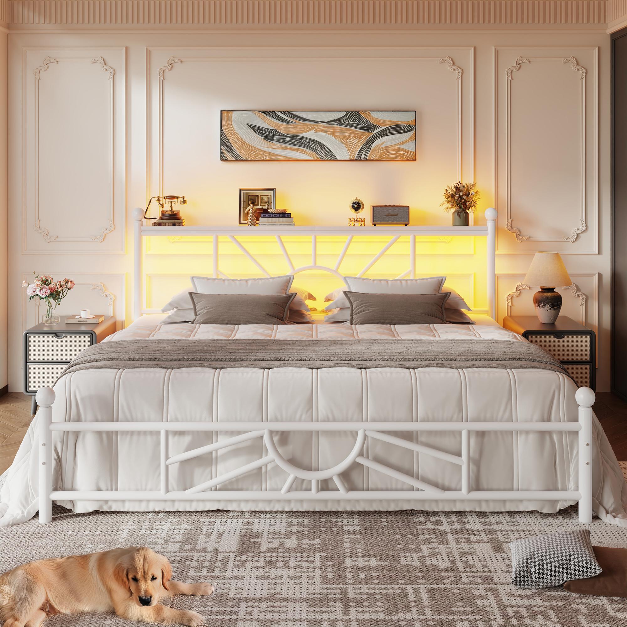 【1300 lbs Capacity】King Queen Full Metal Bed Frame with Headboard & LED, NO MATTRESS,Under Bed Storage Space & Strong Metal Slats, Iron Bed Frame, Noise-Free, Easy Assembly, Modern Bedroom Furniture,Easy Assembly,Black