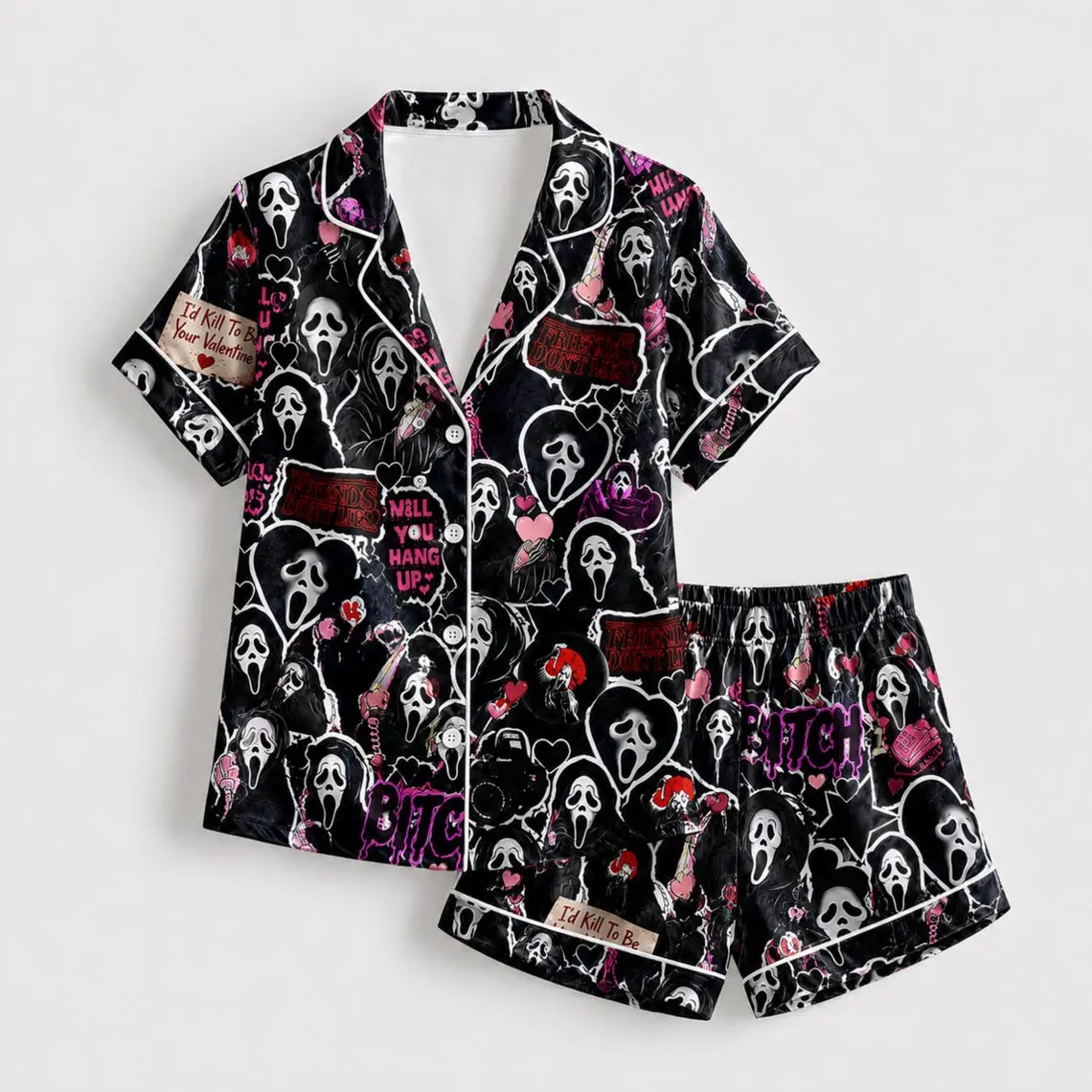 Ghostface Valentine Satin Sleepwear – Horror Inspired Cute Spooky Pajama Set, Gothic Lounge Outfit for Valentine’s Day, Cozy Nights, and Relaxing at Home