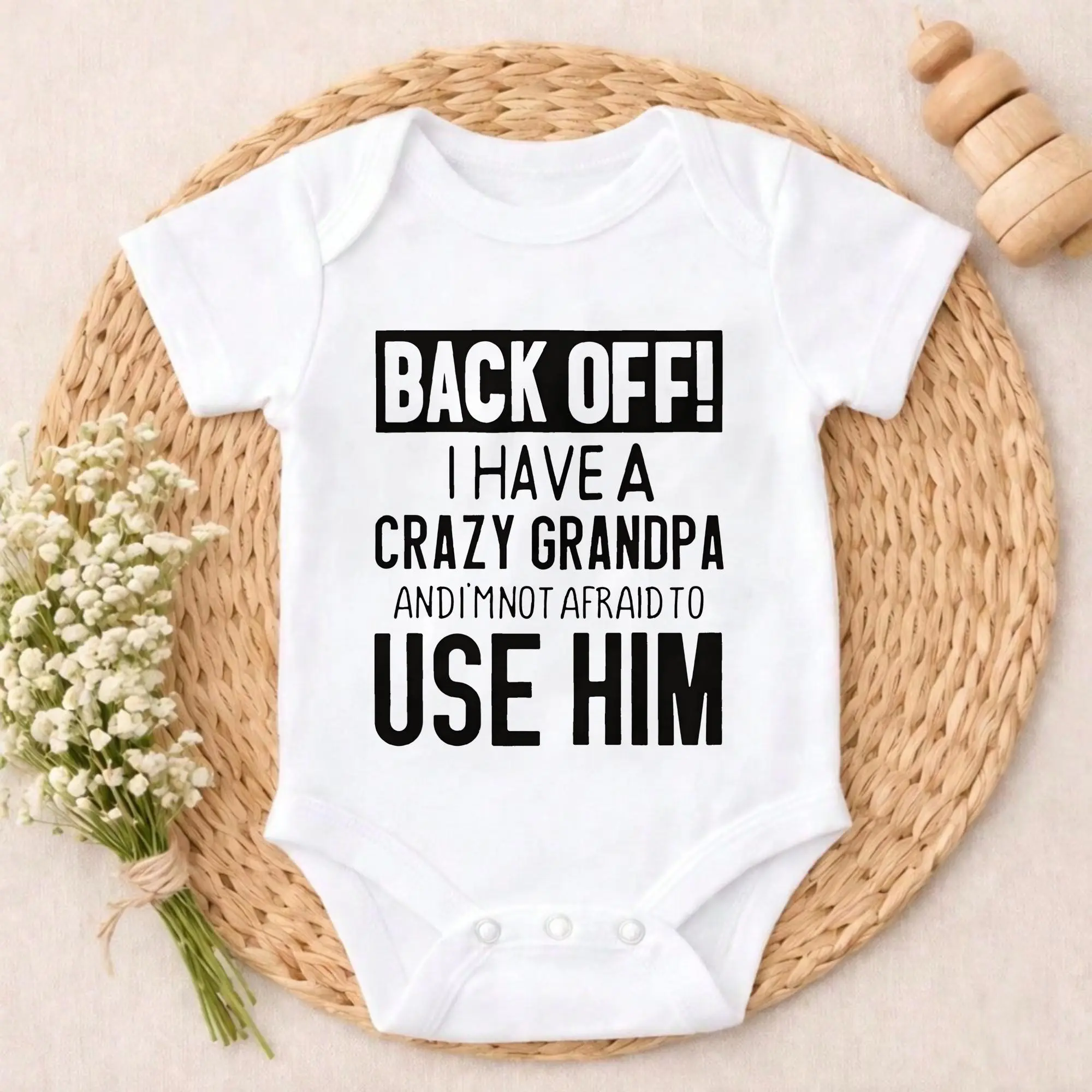 Baby Boys Clothing Onesies - Funny "Back Off I Have A Crazy Grandpa" Print, Cotton, Non-Irritating, Snap Closure, Breathable, Stretchy, Ideal For Gifting & Everyday Wear, Baby Boy Clothes, Bodysuit, Newborn