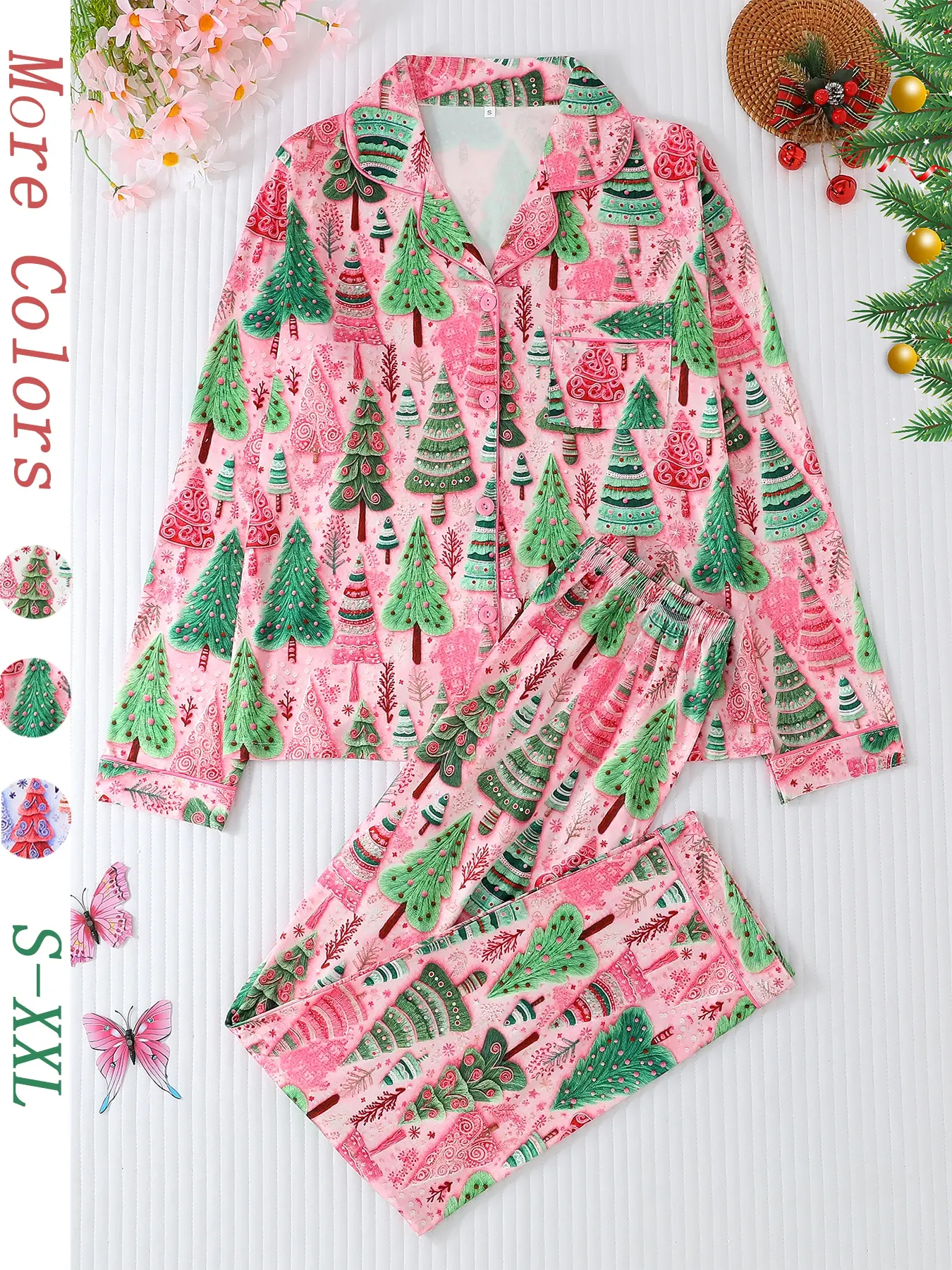 Women's Christmas Tree Print Pajama Set, Button Front Long Sleeve Top & Comfortable Pants, Casual Fitted Sleepwear & Loungewear for All Seasons