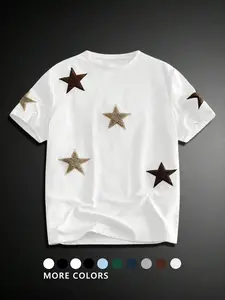 Unisex Street Style Aesthetic Fashion Streetwear Couple Star Print Towel Embroidery Short Sleeve Round Neck T-Shirt, Casual Daily Wear, Anniversary Gift, star Pattern, Tops