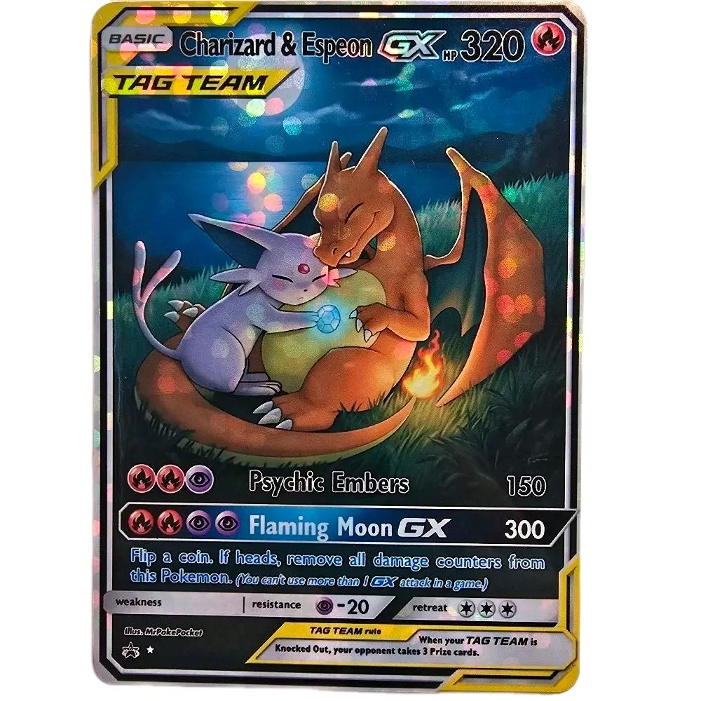 Charizard & Espeon Moonlight Custom Card, Bubble Holo, Rainbow Holo, or Textured Rainbow Holo