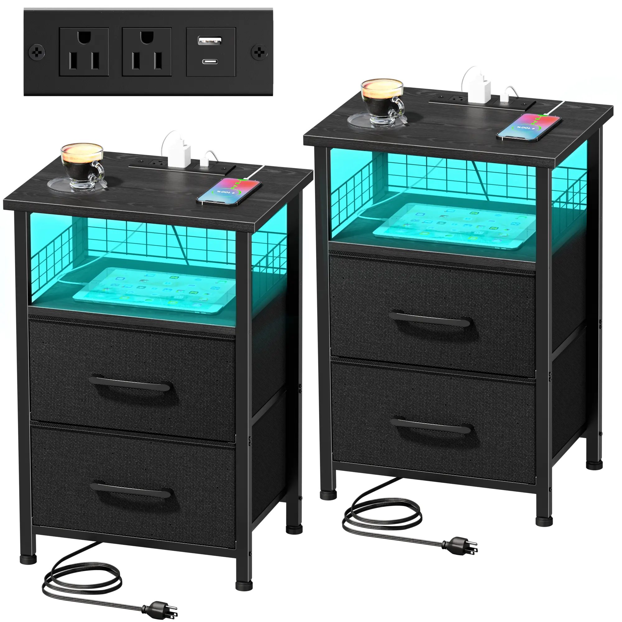 Set of 2 NightStand with Charging Station & LED Light, Bedside Table with Drawers, 2 Storage Compartments & AC Outlets, Night stand for apartment, dorm,