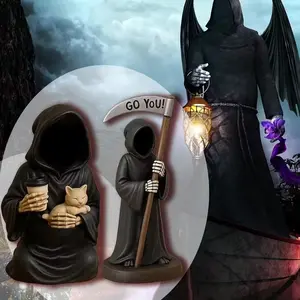 Grim Reaper Figurine with Emotional Support Card, Resin Gothic Robe, Durable Indoor Outdoor Desk Decor, Funny Office Buddy Gift