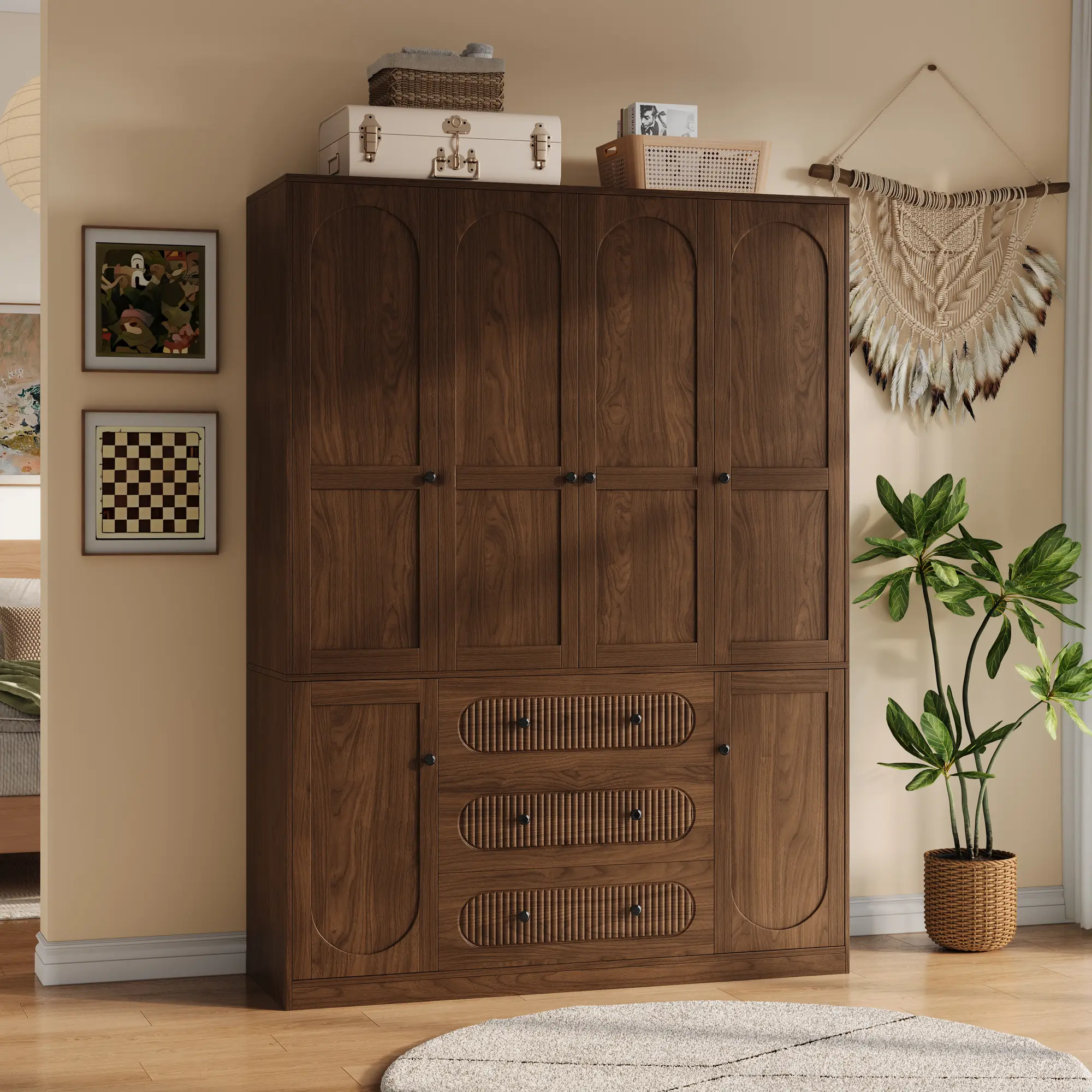 TOKSOM 4-Door Freestanding Wooden Armoire - 72" White & Black Clothes Wardrobe with 3 Drawers, 3 Hanging Rod Shelves, Large Capacity for Closet Organization & Drawer Storage Wardrobes
