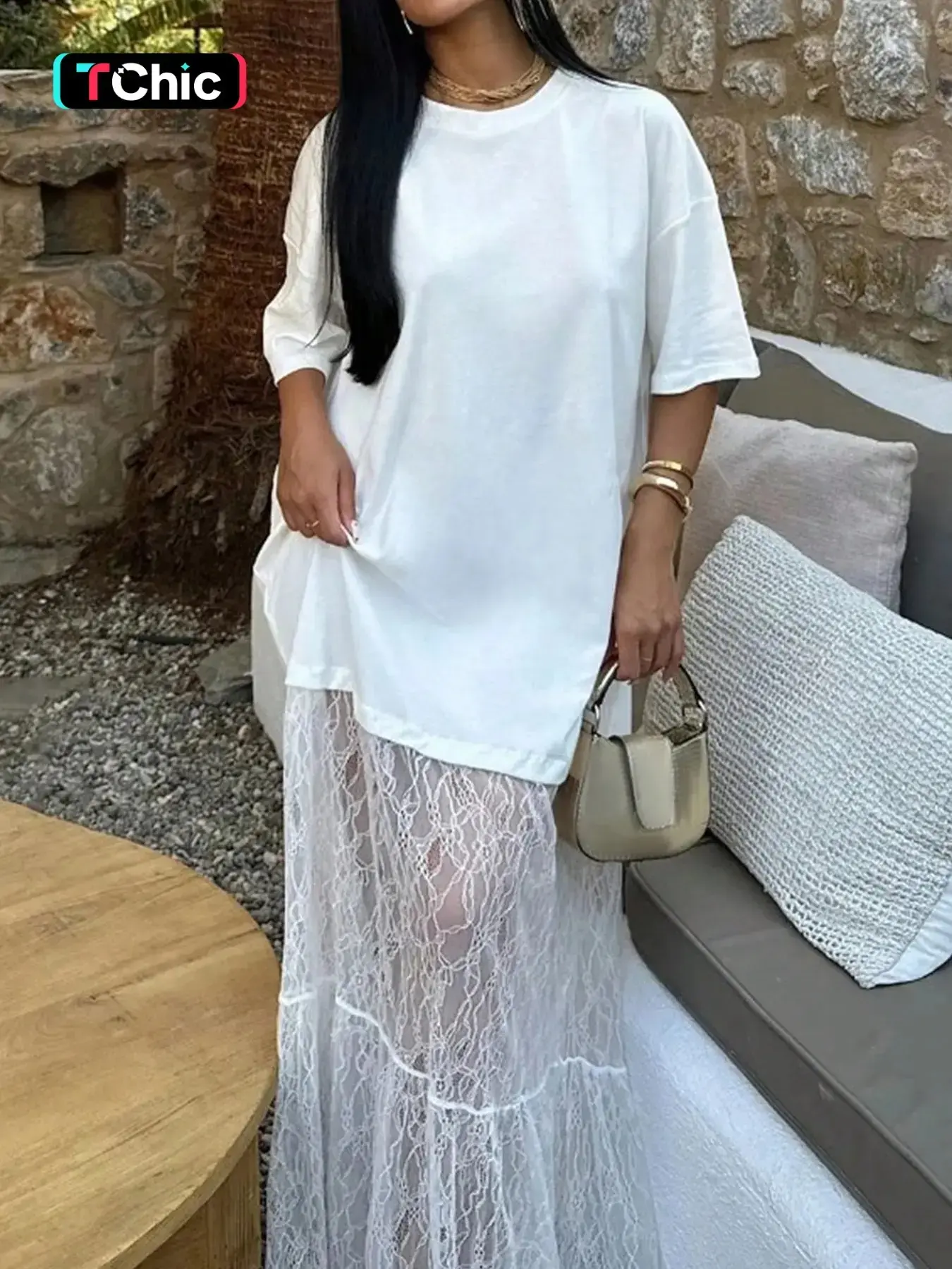 Women's Round Neck Short Sleeve T-Shirt Dress, Sexy Casual Lace Patchwork Dress, Elegant Spring, Summer & Fall Slim-Fitting Dress, Elegance