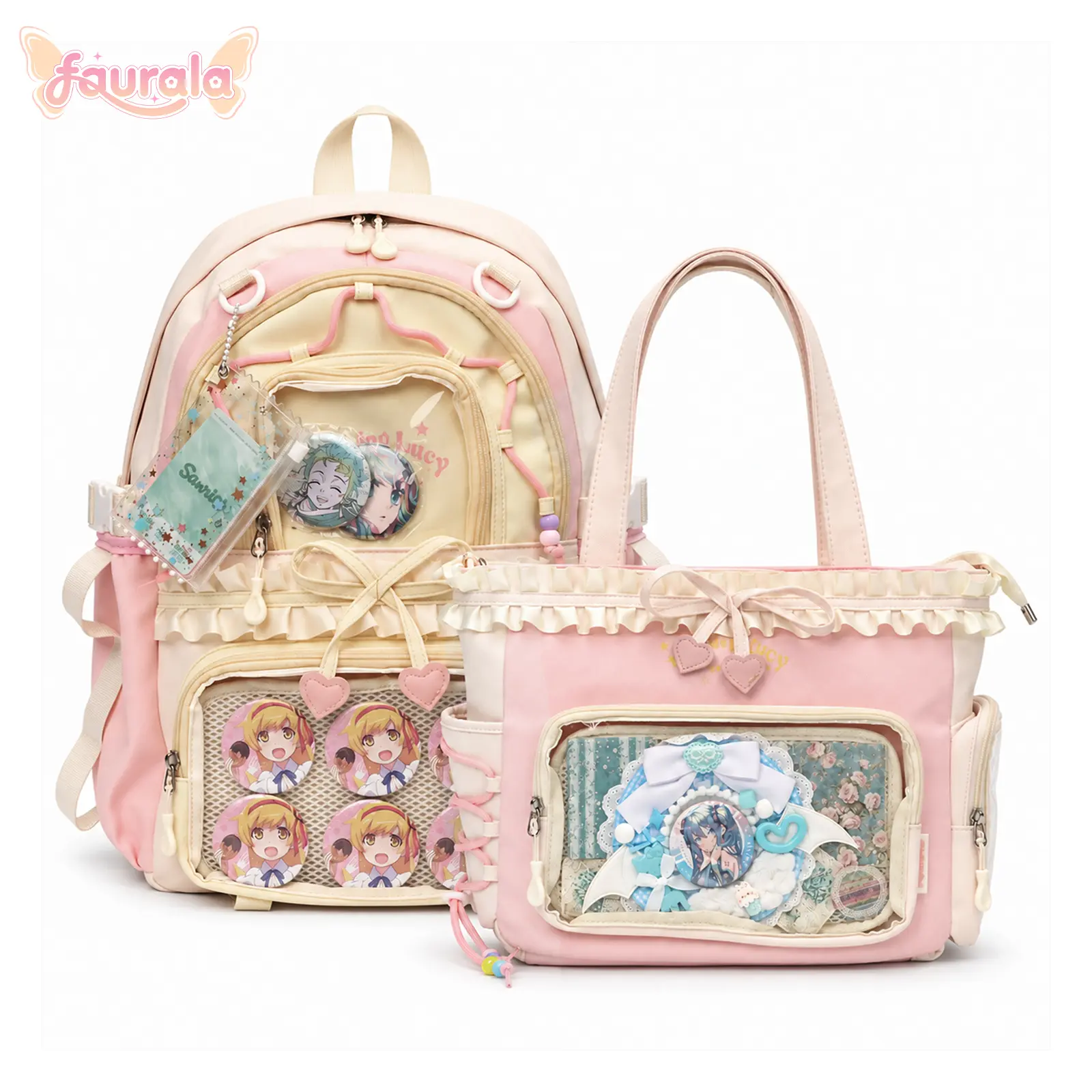FAURALA Women's Pastel Kawaii Nylon Ita Bag & Backpack Matching Set - Cute Ruffle Trim Tote, Multi-Pocket Casual School Bag with Anime Pins & Plush Display Window, Spacious Compartments, Adjustable Straps (Pins, Plush Not Included)