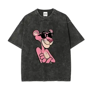 Y2K Pink Panther Graphic T-Shirt - Retro Washed Oversized Streetwear Tee for Women, Acid Wash Summer Top, Cool Girl Aesthetic Shirt