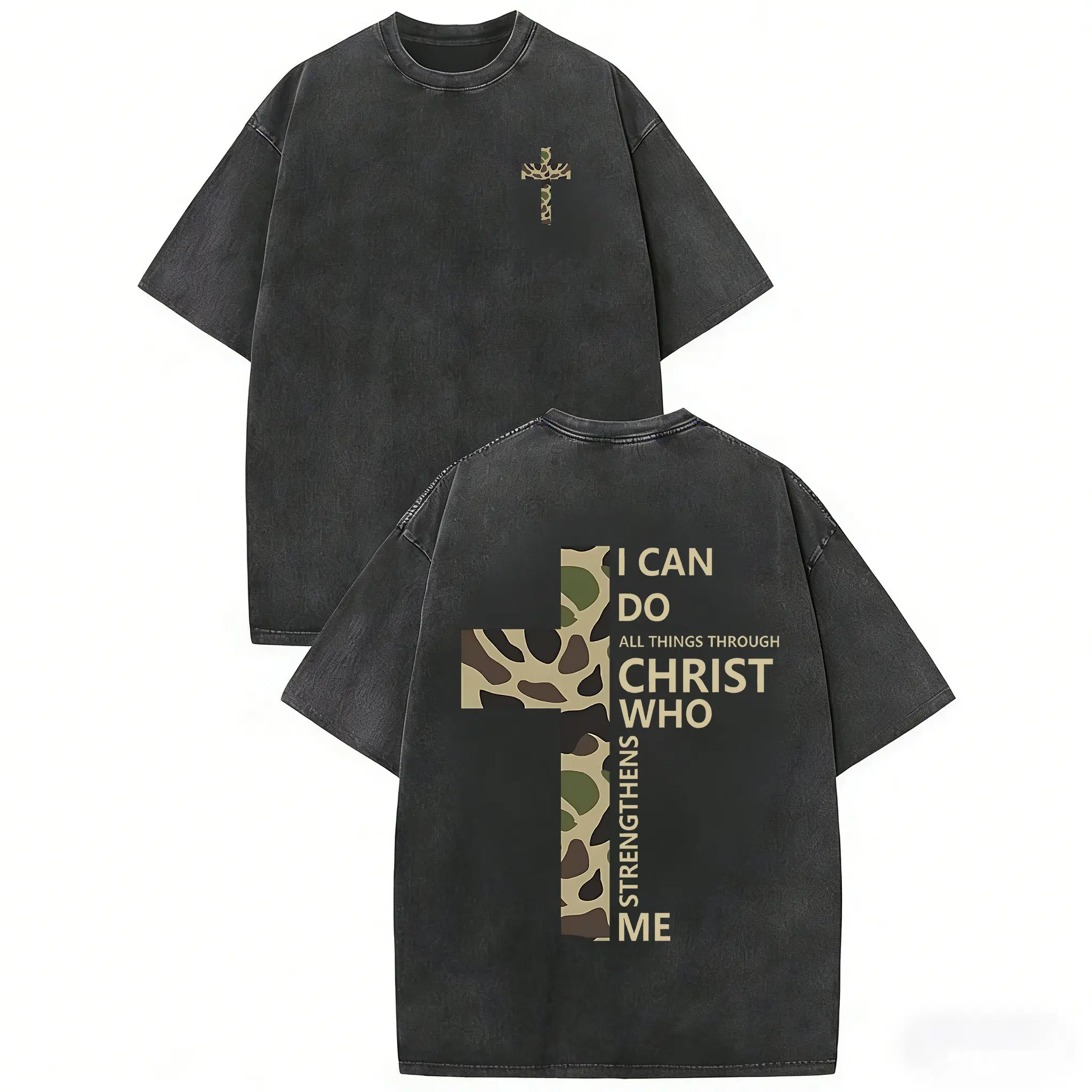 Men’s Washed Faith T-Shirt, Philippians 4:13 Camo Cross Graphic Tee, Christian Streetwear, Inspirational Bible Verse Top