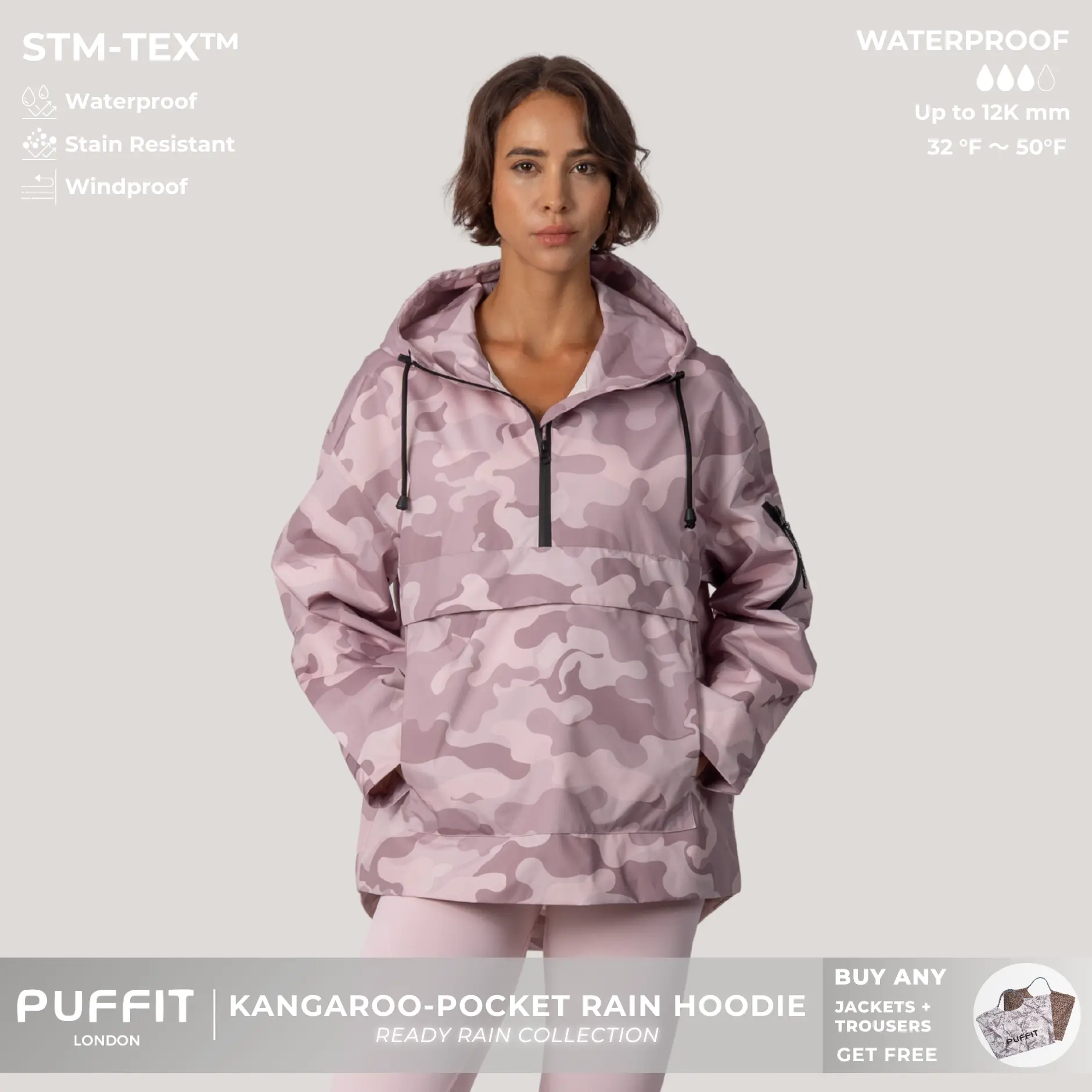 【Restocked】PUFFIT STM-TEX Waterproof Relaxed Fit Hoodie Coat Warm Half Zip Rain Jacket With Adjustable Waist,Hood & Cuffs,Large Kangaroo Pocket,Shell Jacket,Ski Jacket,Windbreaker,Fall&Winter Jacket ,Dog Walking,School Running,Womenswear,2026 Shopping