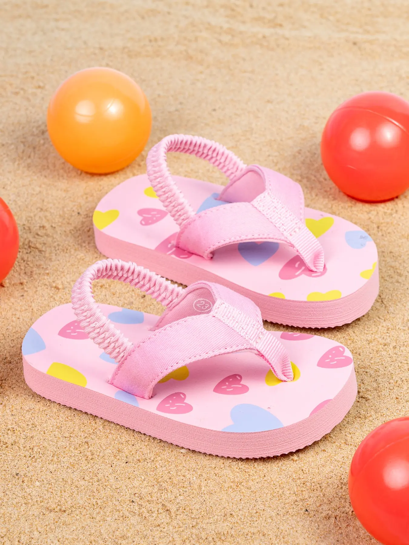 Spring Summer Baby Flip Flop Sandals with Elastic Strap, Soft Comfortable Cartoon Heart Pattern, Cute Versatile Slippers for Vacation Beach Indoor Use, Soft Soled Shoes, Kids Shoes, Lightweight Sandal