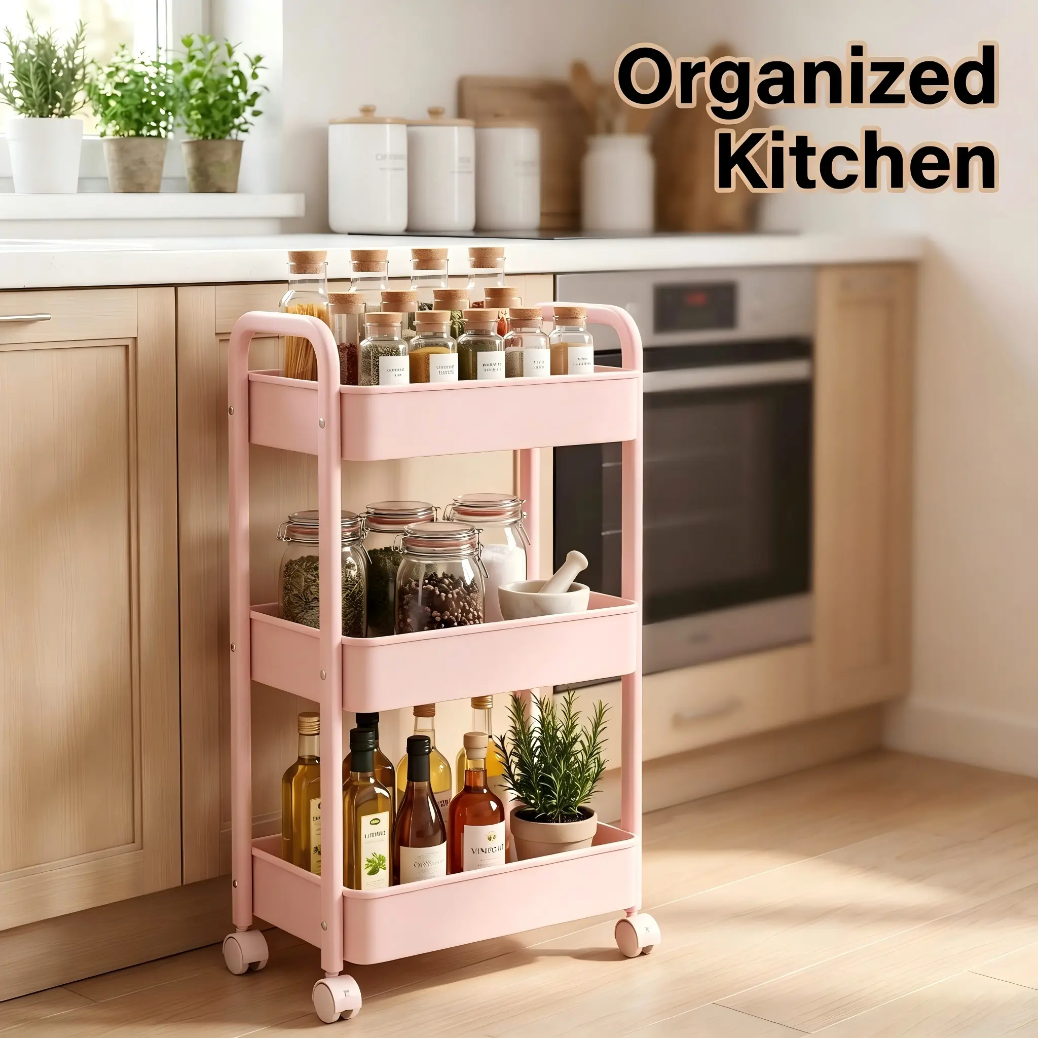 Pink 3-Tier Rolling Storage Cart with Lockable Wheels & Side Handles, Multi-Purpose Utility Organizer Trolley for Bathroom, Kitchen, Makeup, Bedroom, Office Salon Storage