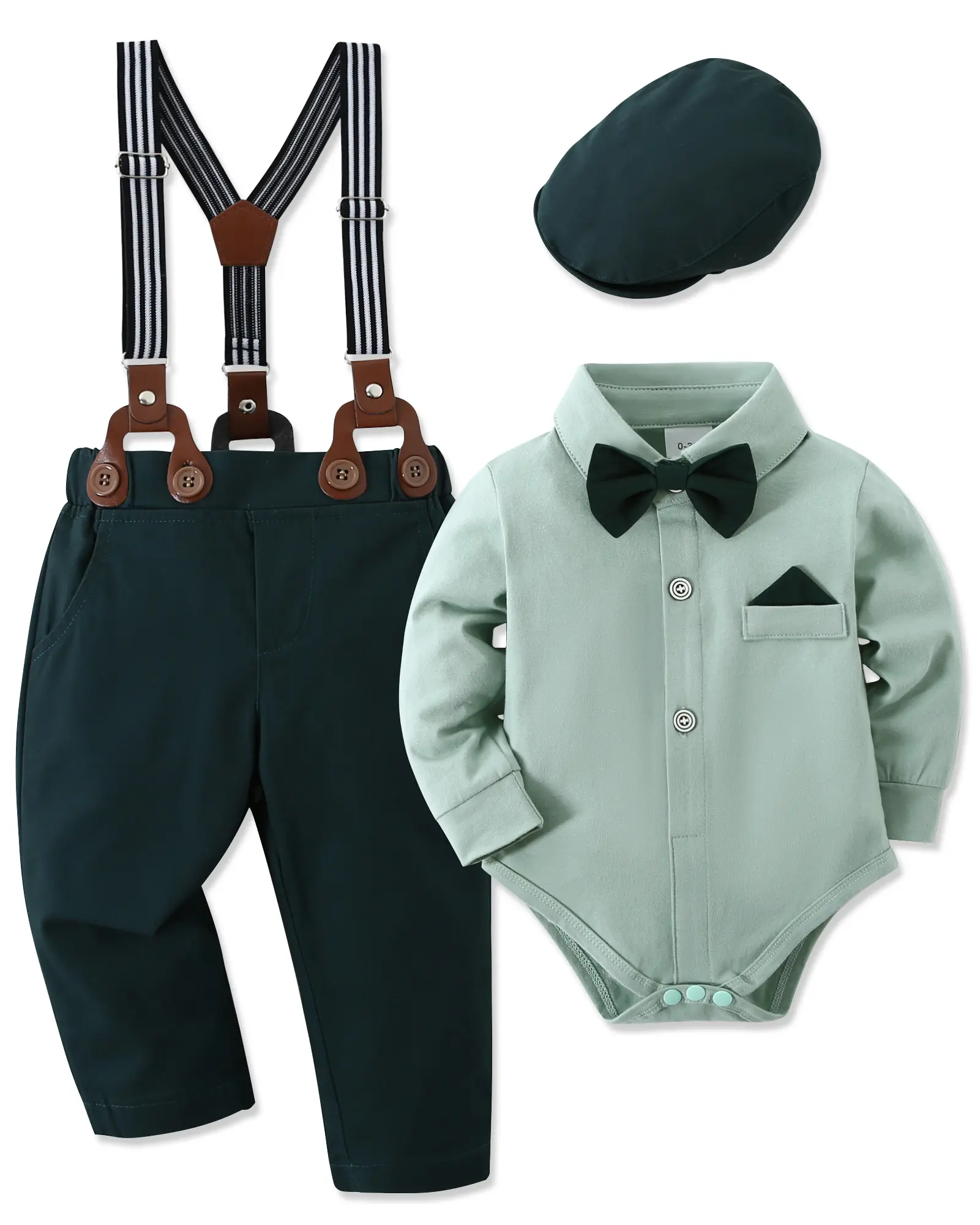 Baby Boy Clothes 0-18M Newborn Infant Gentleman Outfit, Shirt+Bowtie+Beret+Suspender Pant Baby boy Suit Clothing Set