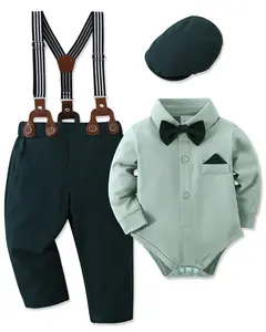 Baby Boy Clothes 0-18M Newborn Infant Gentleman Outfit, Shirt+Bowtie+Beret+Suspender Pant Baby boy Suit Clothing Set