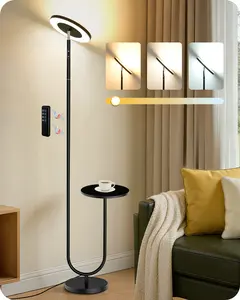 Floor Lamp with Table, Dimmable Standing Light with 3 Temperatures & Remote Control, LED Up and Down Lighting with Tray, Modern Reading Torchiere Corner Lamp for Bedroom Office Black