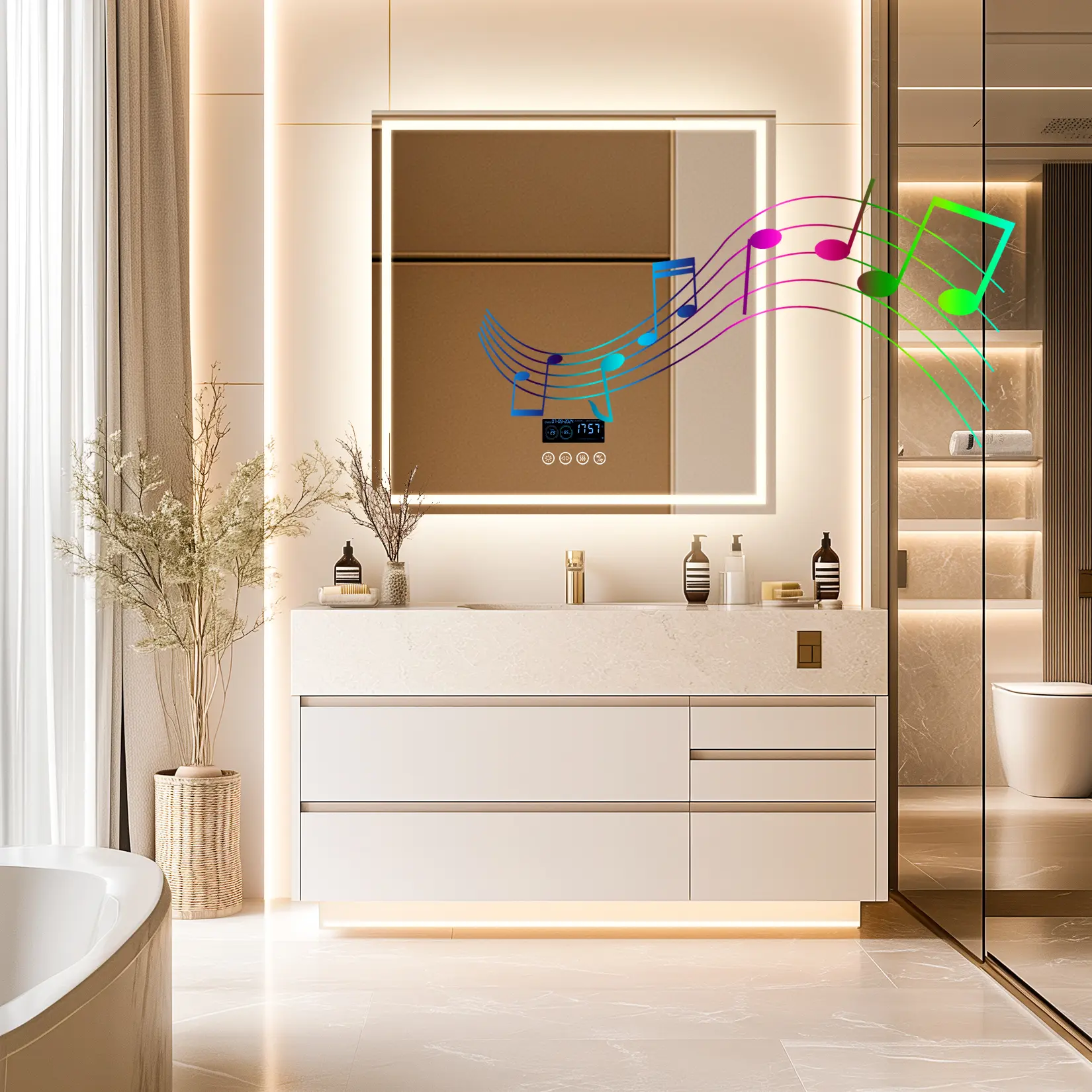 Vertical Square LED Bathroom Vanity Wall Mirror (80x80cm/31.50x31.50in, 11.9kg), 110V-220V, Bluetooth Speaker, Double LED Strips, Glass Surface, Aluminum Frame, 3-Color Adjustable Warm Lighting, Customizable Settings, Date & Time Display, Defog Function,,