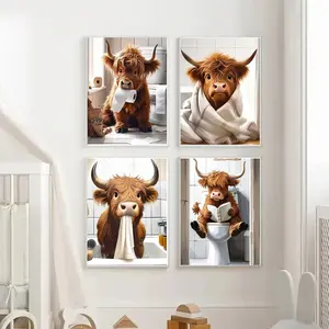 4PCS/set Frameless Highland Cow Funny Print Design Toilet Art Print Bathroom Humor Animal Wall Art Poster Decor Toilet Paper Cow Canvas Painting Bedroom Decor Wall Decoration Unframed Wall Art