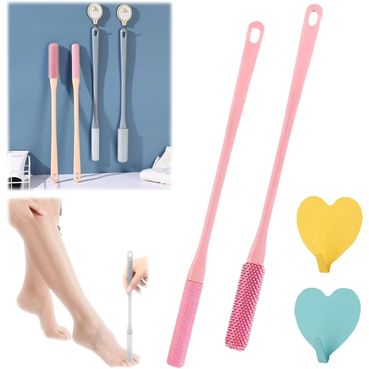 2Pcs/Set Toe Gap Cleaning Brushes,Foot Scrubber in Shower,15.7" Foot Scrubber in Shower with Long Handle,Silicone Foot Brush,Soft Skin Exfoliation Lotion Applicator,Halloween Christmas Party Gifts,Hand Tools Kits