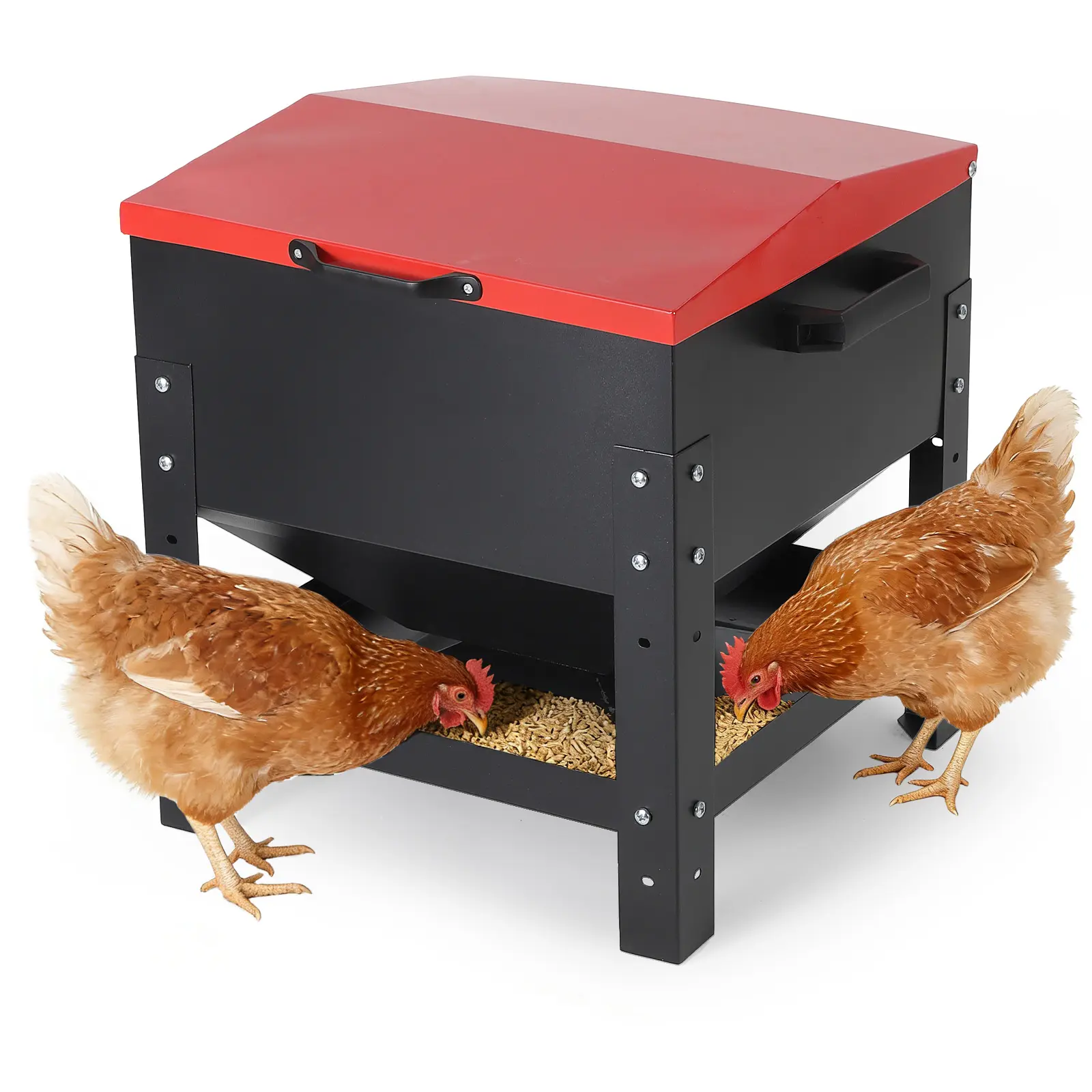 80lb Large Capacity Galvanized Steel Chicken Feeder Set, 4-Port Automatic Poultry Feeding, Waterproof Red Lid, Brake Casters, 3 Handles, Set of 32 Screws, Portable, for Backyard Chickens, Ducks, Geese