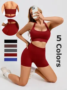 Two-Piece Set Women's Solid Ribbed Crop Sports Bra & High Waist Leggings Tracksuit Set,Athleisure Wear Set,Sporty Casual Comfy Breathable Outfits for Yoga Gym Workout Running