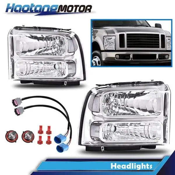 CROSSDESIGN Chrome Finish Halo DRL LED Car Headlight Replacement - 1-Piece for 1999-2004 Ford F250-F350 Superduty & Excursion, 9007 to H13 Bulb Conversion, LED Headlight Bulbs Lighting Assemblies & Components (Pair Pack Option Available)