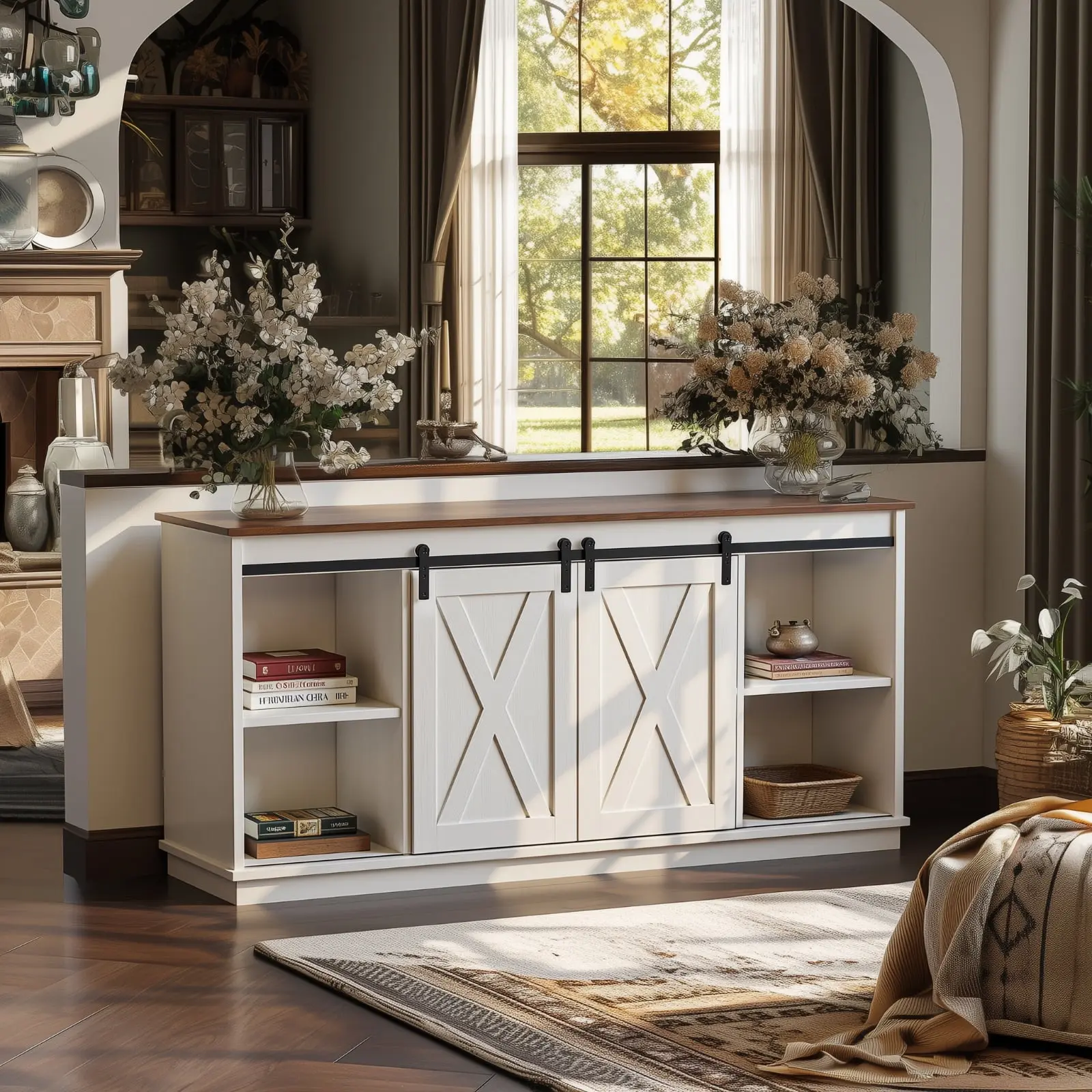 Gianna Dining Room Sideboard TV Stand for 65-Inch Televisions, Featuring Sliding Barn Doors and Storage Cabinets