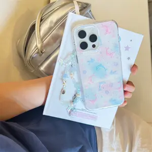 Crystal transparent white light blue powder blended dreamy dolphin Protective phone case with chain for iPhone 11 12 13 14 15 16 17 pro max