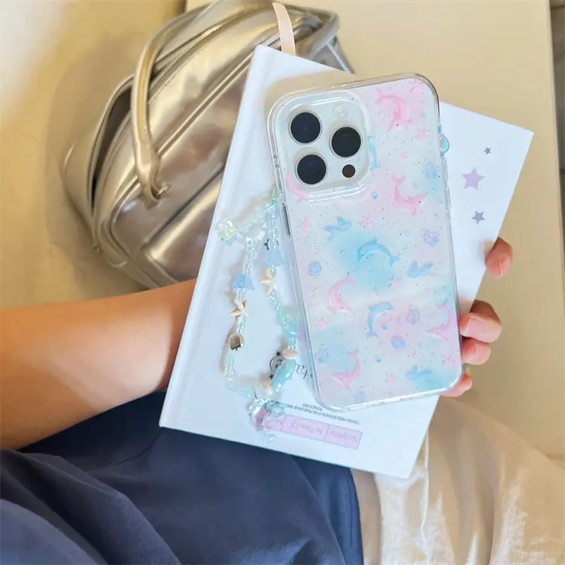 Crystal transparent white light blue powder blended dreamy dolphin Protective smartphone Cellphone case cover with chain for iPhone 11 12 13 14 15 16 17 pro max Accessories