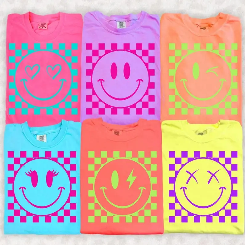 Comfort Colors Neon Summer Smiley Tee, Checkered Peace Hand Top, Trendy Distressed Beach Life Graphic Shirt
