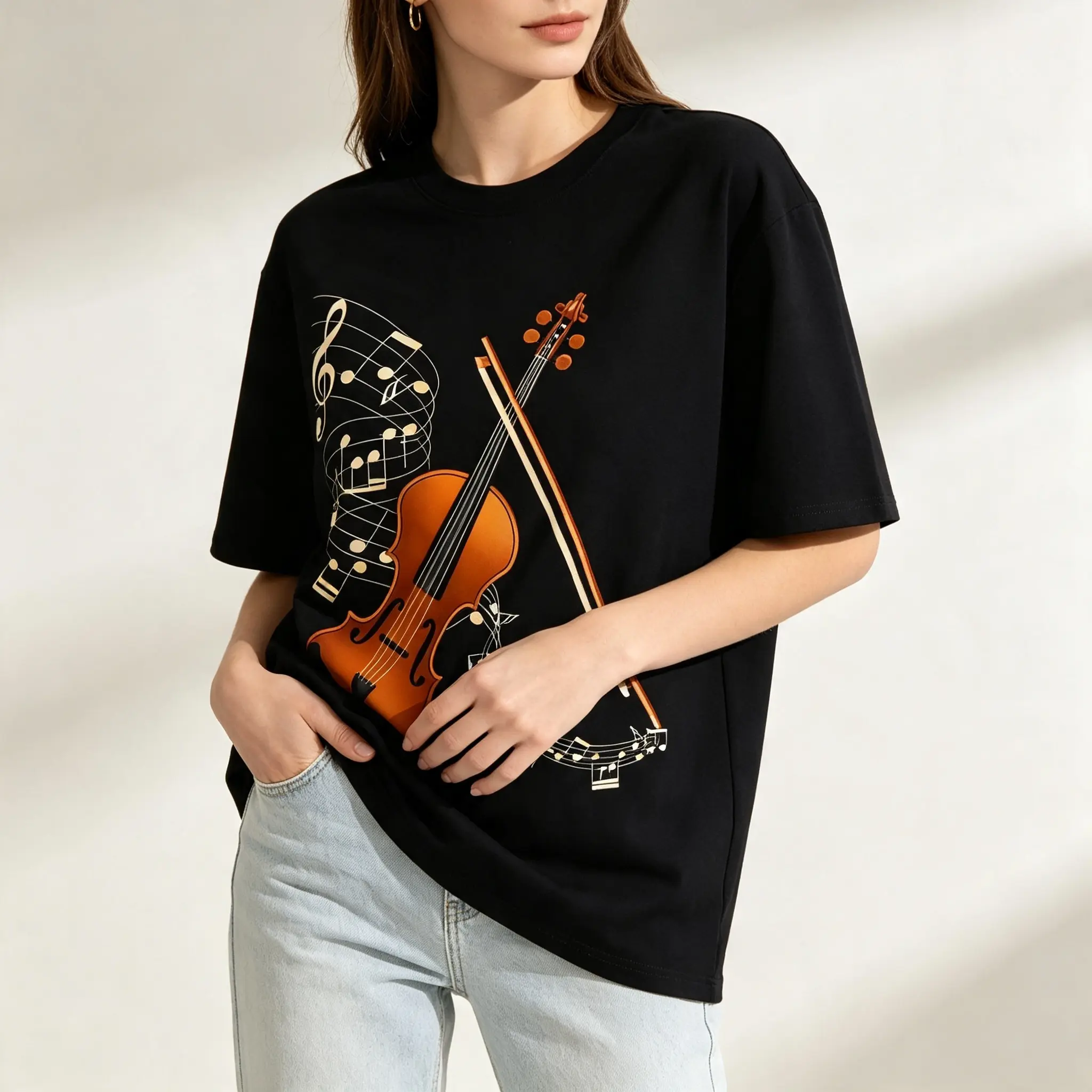 Unisex Crew Neck Short Sleeve T-Shirt, Violin And Musical Notes Graphic Casual Music Lover Instrument Tee