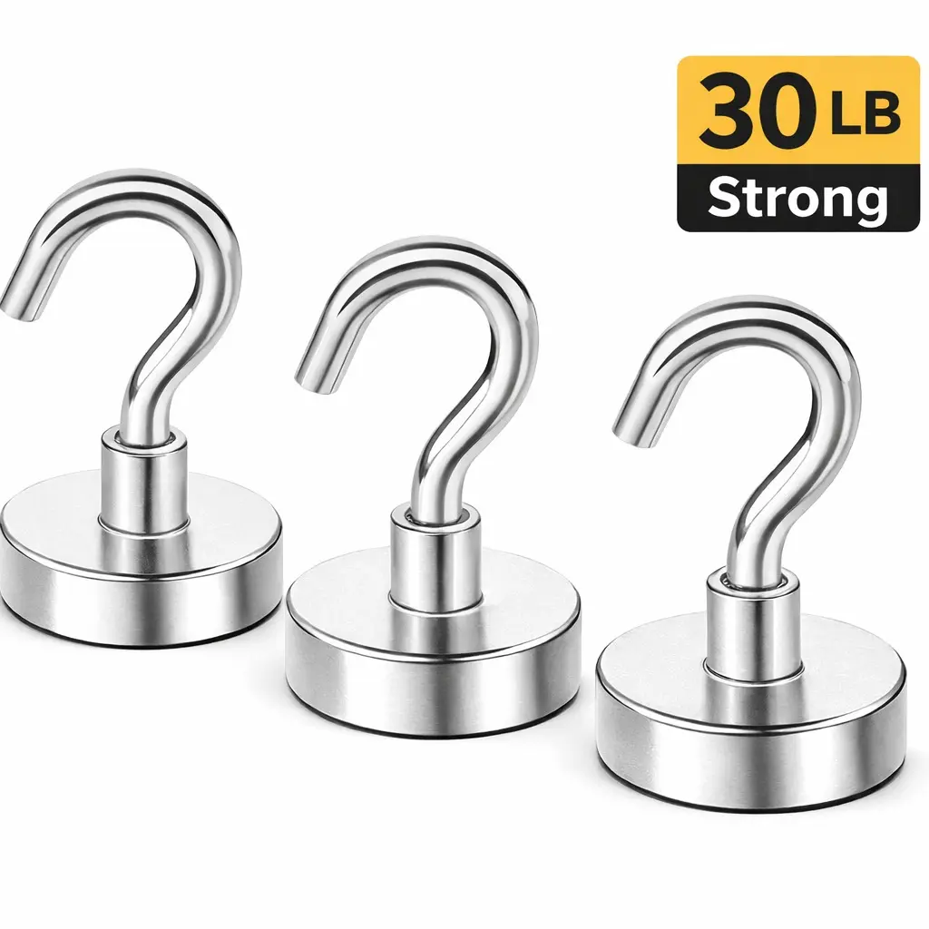 Heavy Duty Magnetic Hanging Hooks - 3 Pack 30lb Neodymium Magnetic Base Hooks for Garage Storage, Heavy Duty Fastening, Kitchen Use