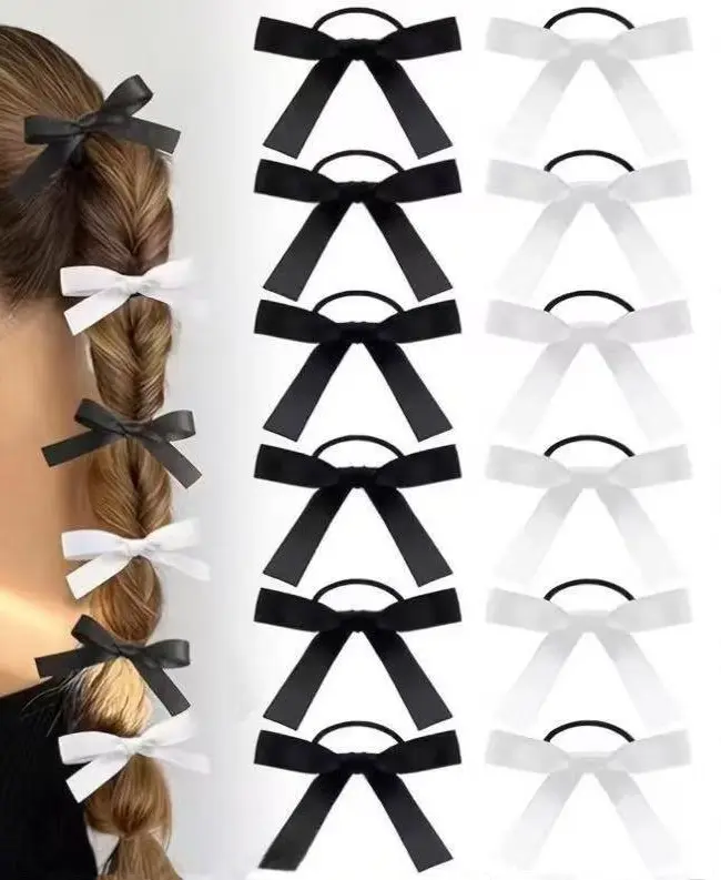 12Pcs Satin Bow Hair Ties, Black White Pink Red Ribbon Ponytail Holders, No Slip Elastic Bowknot Hair Bands, Minimalist Hair Accessories for Women, Coquette & Casual Styling