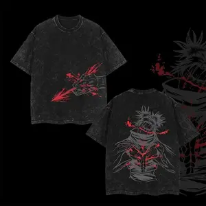 Men's Choso Graphic Short Sleeve T-Shirt, Jujutsu Kaisen 2-Sided Print, Oversized Vintage Washed Cotton Streetwear with Ribbed Round Neck