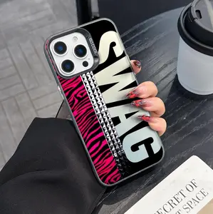Pink Zebra Print SWAG Phone Case for iPhone 17/16/15/14/13 Pro Max, Studded Rivet Design Shockproof Slim Hard Cover, Edgy Y2K Aesthetic Bumper Case for Trendy Girls Women, Grunge Fashion Protective Case