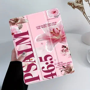 Pink Flowers PSALM 46:5, with adjustable stand and pen slot, foldable non-slip TPU protective case, suitable for Samsung, iPad mini, iPad Air, iPad Pro/iPad 10th generation, 11th generation and other iPad series protective cases.