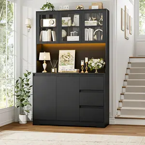 FOTOSOK 71" Modern Black Kitchen Pantry Cabinet with 6 Doors, 3 Drawers, LED Lights, Power Outlets, USB Ports, 39.4" Wx 15.2" Dx 70.9" H
