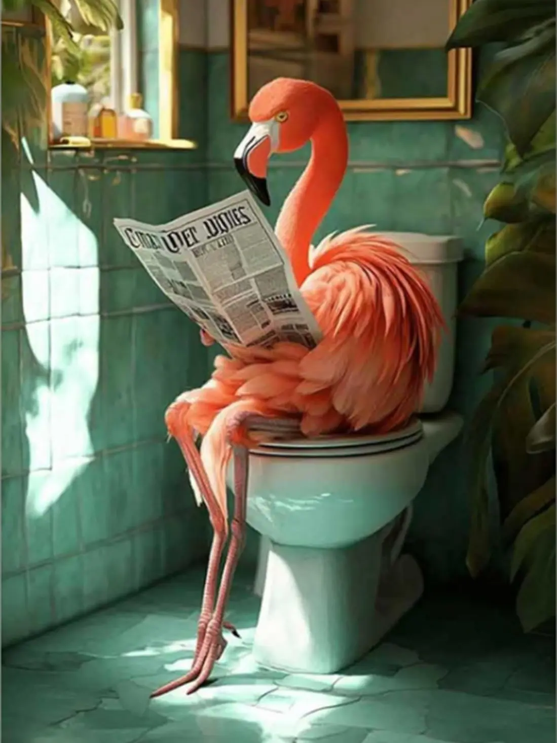 5D Full Drill Diamond Painting, Funny Flamingo Reading Newspaper on Toilet, Whimsical Bathroom DIY Wall Art